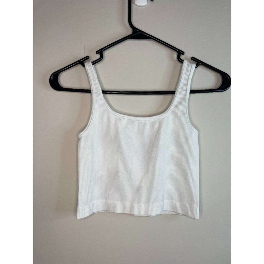 OQQ Ribbed White Cropped Stretch Tank Top Thin Straps Square Neck Size Small